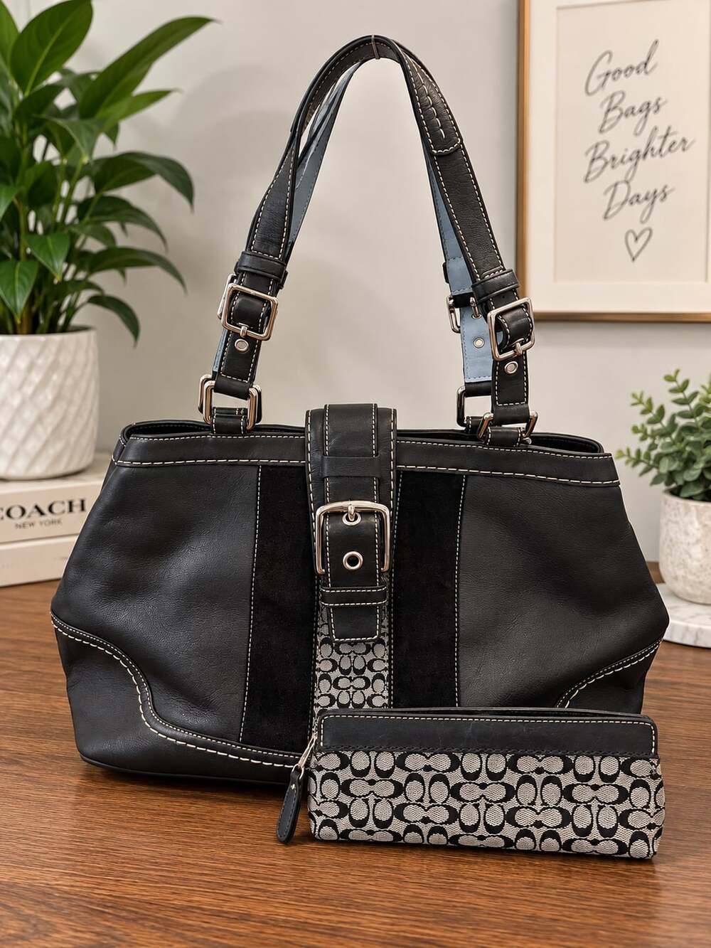 Y2K Coach Handbag Black Leather Suede Monogram Signature with pouch F11345